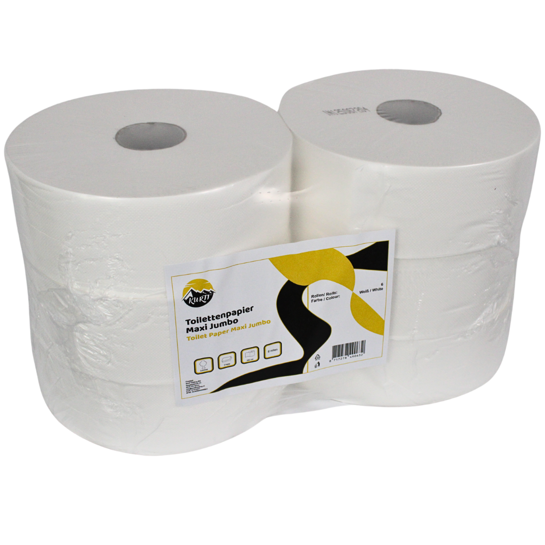 Toiletpapier, wc papier, Maxi Jumbo 380M, ca. 1000 vellen, toiletpapier 6 grote rollen 2-laags cellulose geschikt voor dispensers.