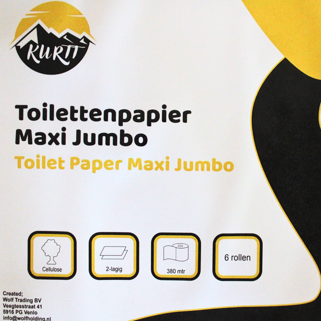 Toiletpapier, wc papier, Maxi Jumbo 380M, ca. 1000 vellen, toiletpapier 6 grote rollen 2-laags cellulose geschikt voor dispensers.