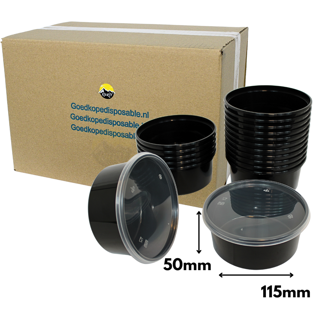 Plastic potjes 350ml zwart met deksel – 50 stuks | Vershoudbakjes Magnetronbestendig