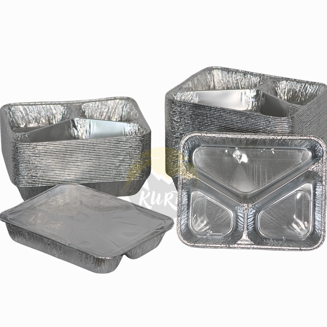 Aluminum containers 960G 3-divided with aluminum lids - 100 pieces